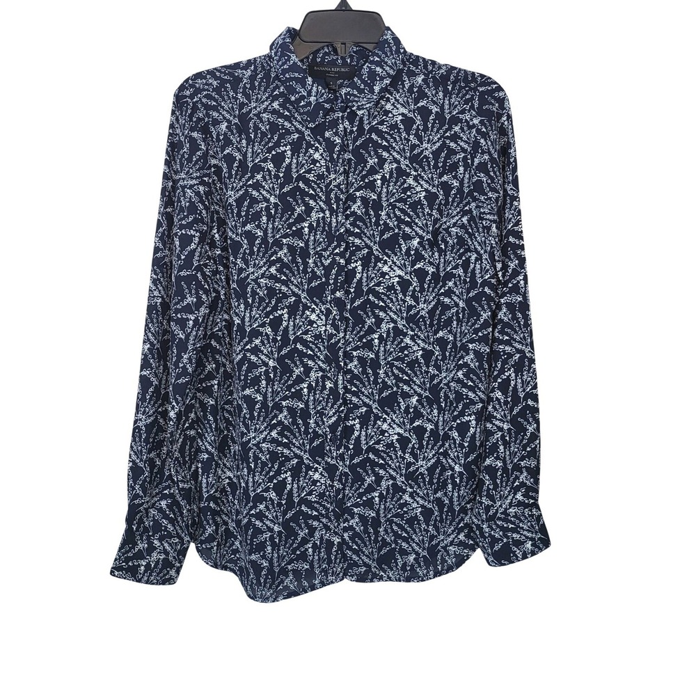 Banana Republic Wmn Navy White Leaf Button Chiffon Classic Fit Career Top‎ Small